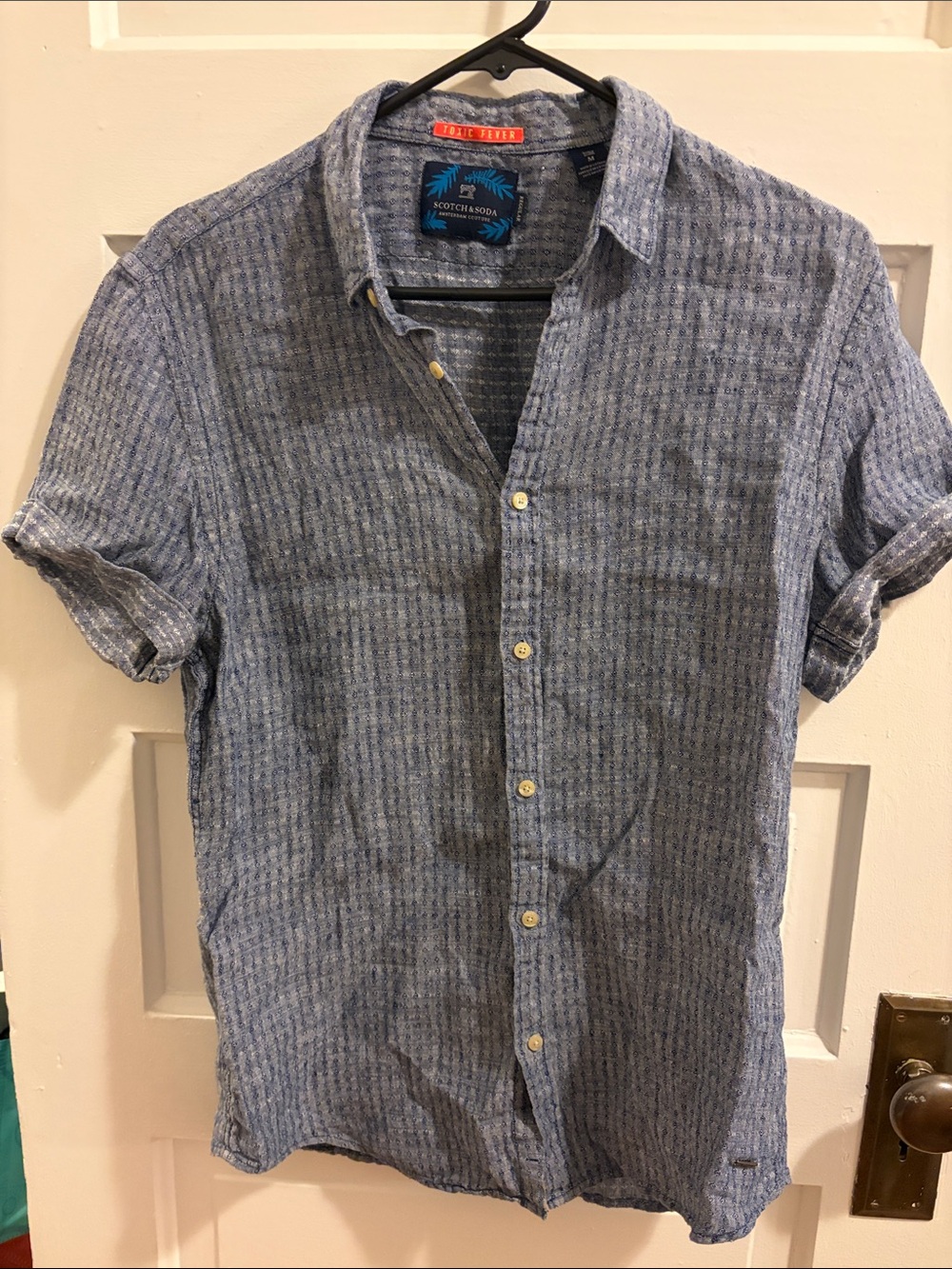 Scotch & Soda 100% Linen Light Blue Short-Sleeve Textured Button-Up Shirt